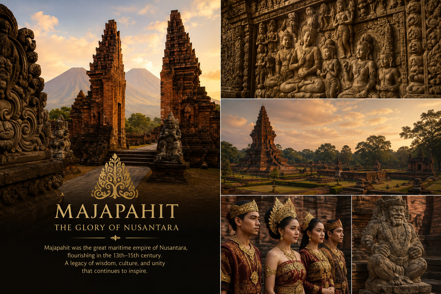 Majapahit: The Glory of Nusantara — a split brick temple gate at sunrise with volcanoes behind it and guardian statues at its steps, carrying the words &lsquo;Majapahit was the great maritime empire of Nusantara, flourishing in the 13th–15th century. A legacy of wisdom, culture, and unity that continues to inspire.&rsquo; Beside it, carved stone reliefs of court figures, the temple complex at dusk, four dancers in gold headdresses and red-and-gold court dress, and a stone guardian figure.